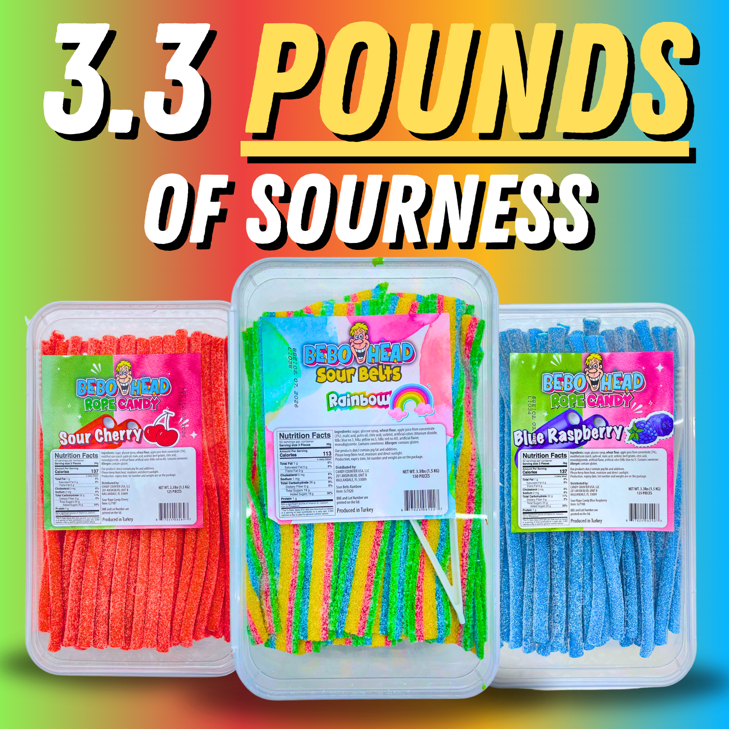 Rainbow Sour Belts - 3.3 Pounds